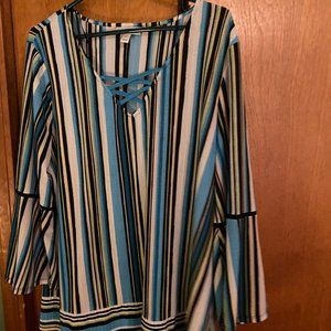 Top from Von Maur, Aqua Blue and Black Striped, Bell Sleeves